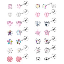 JeweBella 12/14Pairs Flat Back Earrings Stud Earrings for Women Girls Kids Surgical Steel Hypoallergenic Earrings Pearl Flower Heart CZ Cute Pink Earrings Set Screw Back Earrings Sleeper Earrings 20G