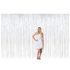 Fun Express - White Metallic Fringe Door Curtain - 12 ft. x 8 ft - 1 Pc.