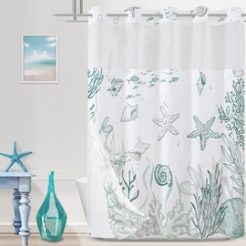 TWLSNCD No Hook Shower Curtain with Snap in Liner, Beach Ocean Nautical Coastal Shower Curtains and Liner Set for Bathroom, Seashell Hotel Fabric Bath Curtain, Waterproof Washable, Green 71" x 74"