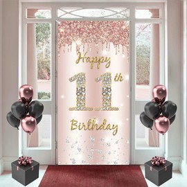 Happy 11th Birthday Door Banner Backdrop Decorations for Girls, Pink Rose Gold 11th Birthday Party Door Cover Sign Supplies, Eleven Year Old Birthday Poster Background Photo Booth Props Décor