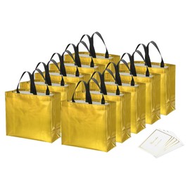 PATIKIL 13"x11"x5" Gift Bags with Best Wish Cards for Presents, 12 Set Reusable Non-Woven Metallic Shiny Gift Goodie Bags Party Favor Bags for Wedding, Birthday, Christmas, Gold Tone