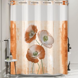 NAEMBCU No Hook Floral Shower Curtain and Liner Set - Spring Orange Poppy Flower Pattern, Modern Waterproof Fabric Bath Curtain for Farmhouse Bathroom, Hotel Decor, Breathable Mesh Top, 71x74inch