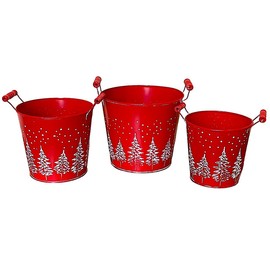 Red Tin Buckets W Pine Trees Set of 3 Christmas Decorative Metal Indoor Outdoor Gift Basket Planter
