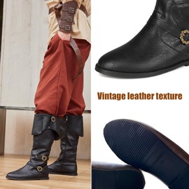 Galindopia Unisex Renaissance Faire Cosplay Shoes Vintage Mid Boots Fold Over Medieval Men's Costume Witch Pirate Viking Tied Shoes Flat Victorian Boots Black Size 41