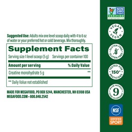 MegaFood Micronized Creatine Monohydrate Powder - Unflavored Post & Pre Workout Powder for Men & Women - Cognitive & Exercise Performance Support - NSF Certified for Sport- 500 Grams, 100 Servings
