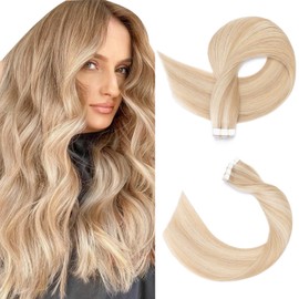SEGOHAIR Tape in Hair Extensions Human Hair, 18" Invisible Tape in Hair Extensions, 10Pcs Real Hair Straight Natural Remy Tape Hair Extensions - Ash Blonde & Bleach Blonde