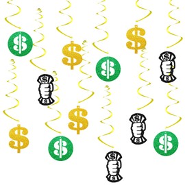 24pcs Money Themed Hanging Swirl Decorations, Dollar Bill Signs Ceiling Whirl Streamer Hanging Banner, Gold Money Hanging Swirls for Casino Party Decoration