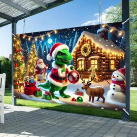 BlissYard Christmas Banner Dinosaur Santa Claus Holiday Winter Wonderland Decorations Photo Backdrop Snow Scene Party Decor Tree Lights Gifts Reindeer Background for Wall 71 X 43 Inches