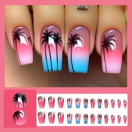 24 Pcs Hot Pink Ombre Press On Nails Short Ballet Square,YEFIUO Summer Beach Fake Nails Press ons Nail Art Tips Acrylic Nail Kit Glue on Nails Full Cover False Nails with Coconut Tree Design for Ma'am