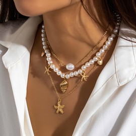 Bohemian Beach Charm Necklace for Women Imitation Pearl Gold Plated Layered Sequins Conch Starfish Shell Choker Stacked Beach Jewelry Holiday Summer Beaded Necklace Set Gifts-A