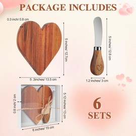 FillTouch 6 Sets Wooden Heart Shaped Cutting Board Cheese Knives Set with Wooden Heart Tags White Box Serving Charcuterie Board for Wedding Bridal shower Baby Shower Birthday Valentines Day