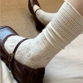 Vintage White Women's Summer Thin Mid-Calf Lace Socks, Balletcore Miu Style Size/White 3ea