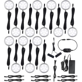 Meigour LED Puck Lights Kit for Under Cabinet Lighting, Rotary Dimmer Switch, Plug in & Hardwired, 120V AC Powered to DC12V, Black Cords, 16 Lights, Cool White
