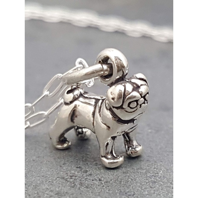 Sterling Silver Tiny Pug Dog 3D Charm Necklace, 18"