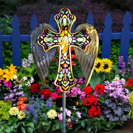 Solar Cross Garden Lights, Jesus Cross Memorial Gifts for Loss, Christian Gifts, Fried Yard Decorations for Grave, Stained Glass Angel Wings, Gravestones for Graves, Lawn, Yard, Balcony