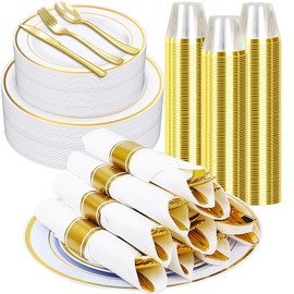 Zcaukya 350 PCS Gold Plastic Dinnerware for 50 Guests, Elegant Disposable Utensils Set with 100 Plates, 50 Pre-Wrapped Napkins, 50 Cups, 50 Spoons, 50 Forks and 50 Knives for Birthday Parties Weddings