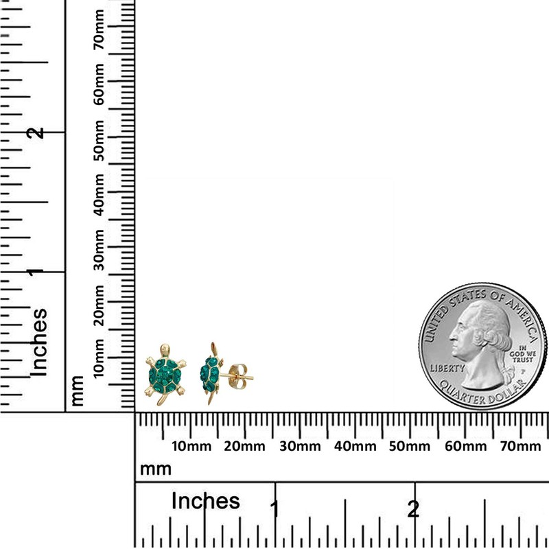 AVORA 10K Yellow Gold Green Turtle with Crystal Stud Earrings