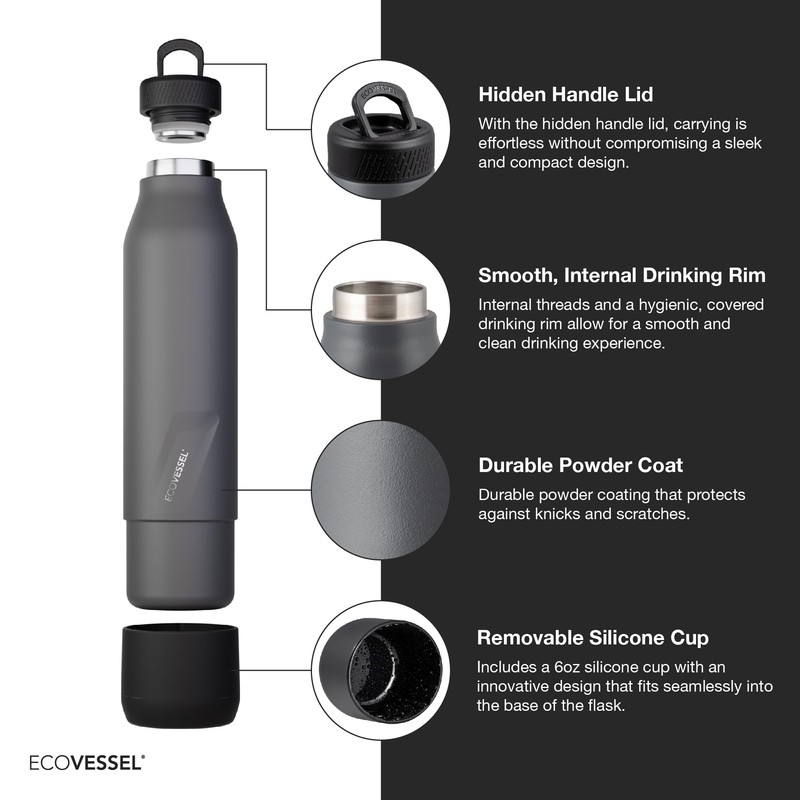 EcoVessel Stainless Steel Bottle with Removable Cup, Vacuum Insulated Thermos