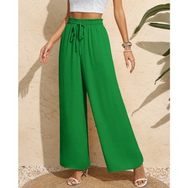 CZYINXIAN Women's Fashion Wide Leg Pants Flowy Adjustable Tie Knot Elastic Waist Pants with Pockets(Green, X-Large)