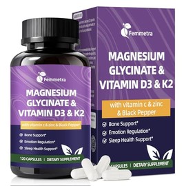 Suplemento de glicinato de magnesio 600 mg de vitamina D3 K2 con vitamina C, zinc y aloe vera, apoyo óseo, energía y control del estado de ánimo y sal