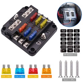 Kopinma 6-Way Waterproof Fuse Block with 12 Circuits, LED Warning Indicator and Marine Fuse Box for DC 12/24V Car Boat RV Truck