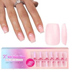 KQueenest Pretty Pink Gel Nail Tips Medium Short Square, Soft Gel Press on Nails Natural, Acrylic Fake Nails Short, Pre-colored Gel x Nail Tips For Girls Women DIY Home Salon Nail Art 300 Pcs, No Glue