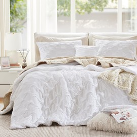 Comfort Spaces Comforter for Queen Size Bed, Ogee Ruched with Crinkle Texture, Breathable Comforter Set Queen, All Season Lightweight Bedding Set, Shams, Décor Pilow, Full/Queen White 4 Piece