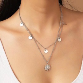 Inateannal Boho Layered Disc Coin Necklace Gold Sunburst Pendant Necklace Disc Coin Choker Necklace Vintage Sun Chain Necklace Round Coin Necklace Chain, Zinc, No Gemstone