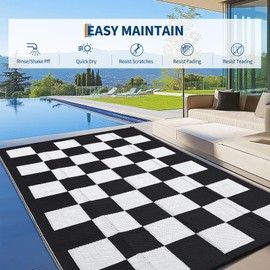 GarveeHome Waterproof Outdoor Rug 9 x 12 Large Modern Checkboard Plastic Straw Rug, Foldable Reversible Camping Mat, UV-Resistant Geometric Plaid Woven Carpet for Picnic, Deck, Black White