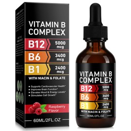 Vitamin B Complex Liquid Drops – Methylcobalamin B12 & B6 | Sublingual High Strength B Vitamins (B1, B3, B12, Folate) for Energy Metabolism & Daily Wellness | Raspberry Flavour, 60ml