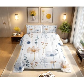 Erosebridal Watercolor Floral Comforter Set King Size, Blue Beige Bedding Set for Kids Teens Adult Women, Modern Minimalist White Quilt Flower Branches Pastoral Duvet Insert with 2 Pillow Cases