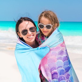 Soft Mermaid Tail Beach Towel for Girls - 30"x60" Quick Dry Lightweight Sand Free Pool Bath Shower Towels for Kids Swimming Travel Favors Birthday Vacation Gift