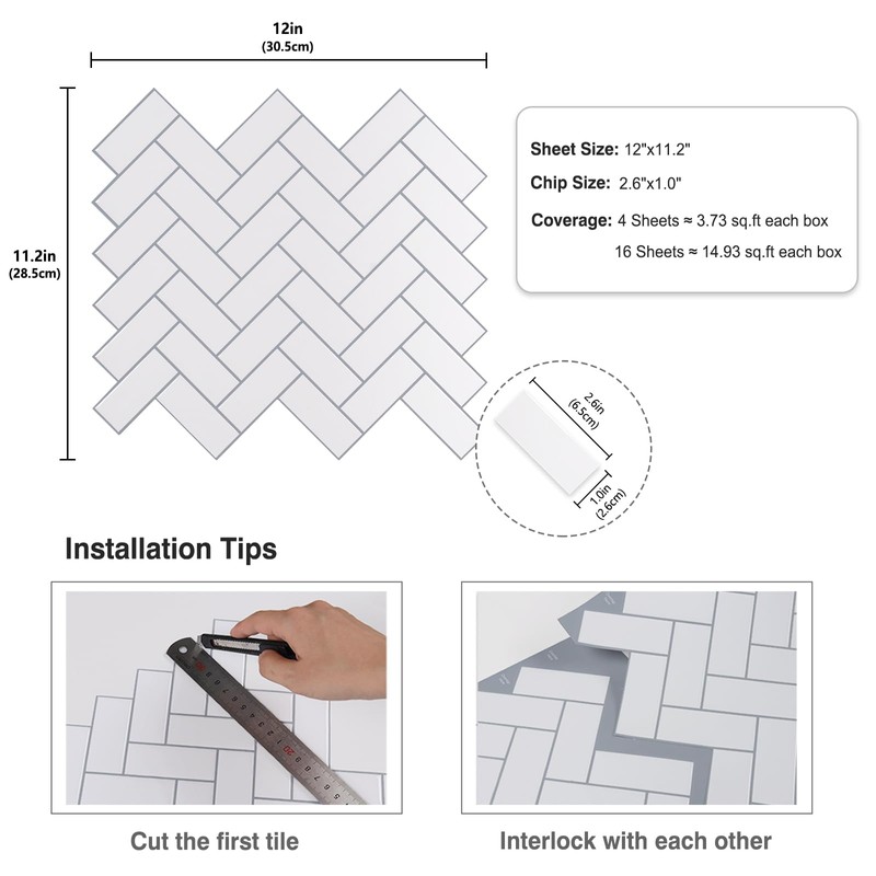 CRE8TIVE 16 Sheets Herringbone Peel and Stick Backsplash Tiles 12"x12"