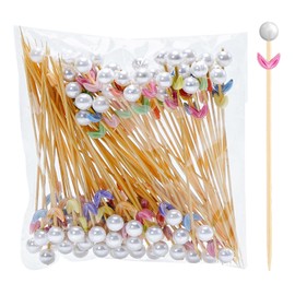 100 PCS Cocktail Sticks Wooden Toothpicks Disposable Cocktail Sticks Party Supplies, Toothpicks Decorations for Drinks, Fruit, Appetizers Food Cocktail Garnish 4.7 inch (Pearl Flower)
