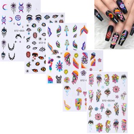 5 Sheets Cute Dopamine Flower Nail Art Stickers Decals,Rookii 3D Embossed Self-Adhesive Rainbow Stars,Moons,Mushrooms,Hearts,Eyes Nail Art Supplies (Black Eyes)
