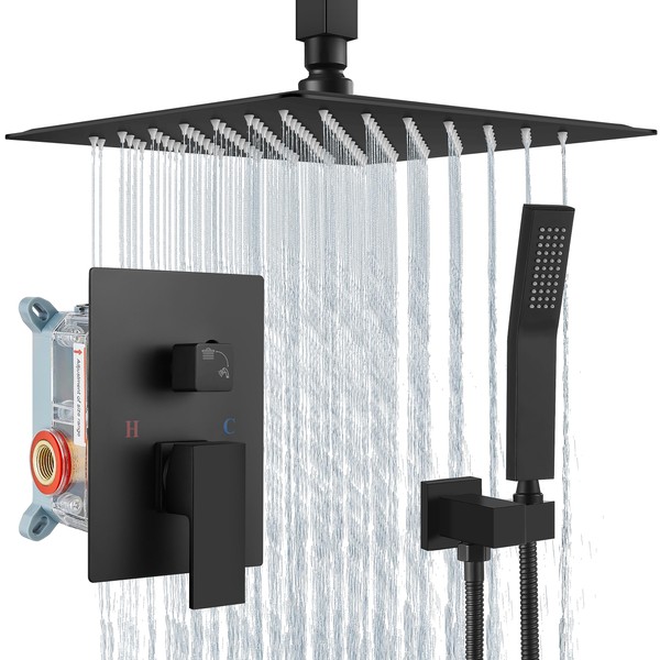Aolemi Matte Black Shower System 12 Inch Rain Shower Head Ceiling Mount with Handheld Spray Luxury High Pressure Shower Combo Set Rough-in Valve and Shower Trim Included Bathroom
