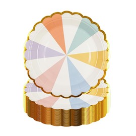 50pcs Colour Striped Party Plates Children's Birthday Party Tableware Set Gold Foil Edge Baked Dessert Plates for Birthday Wedding Baby Shower Decoration