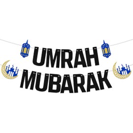 Umrah Mubarak Banner Eid Festival Muslim Islam Party Decorations Ramadan Mubarak Banner Garland for Muslim Islam Party Decorations Supplies Black Glitter