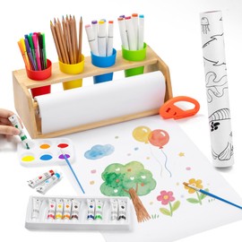 Payarma Paper Roll Dispenser for Kids Art Tabletop Easel with Blank & Patterned Paper Rolls, 12 Pigments, Drawing Tools, Pen Cups Craft Station for Kids Ages 3-8 in Home, Classroom