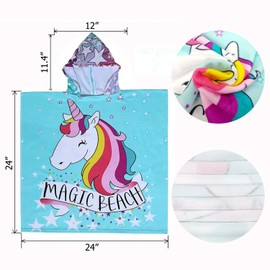 JFAN Hooded Towel Children's Beach Bath Poncho Children's Cartoon Animated Bath Towel Hooded Ponchos Swimming Bathrobe for Boys and Girls from 2-10 Years Unicorn Blue