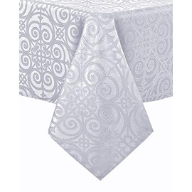 Newbridge Ironworks - Mantel de tela de damasco, diseño de damasco, resistente al suelo, no necesita planchado, rectangular, 152 x 211 cm, color blanco, cubierta para mesa, hule para mesa