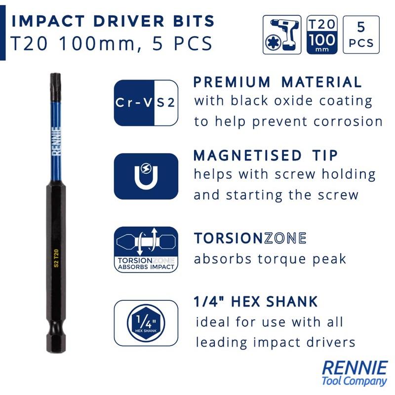 5 x Rennie Tools 100mm Long T20 TX20 Impact Screwdriver