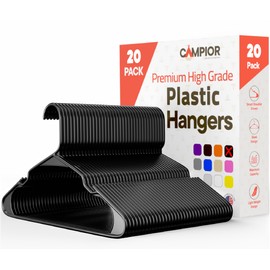 Campior Black Plastic Hangers 20 Pack Heavy-Duty, Space-Saving, Non-Slip, Durable PP Plastic Hangers for Slip Dresses, Suits, Jackets & Camisoles