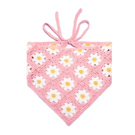 Sakinre Crochet Bandana Knitted Floral Head Scarf Hair Covering Cotton Triangle Hollow Headbands Fashion Hair Accessories for Women (Pink Flower)