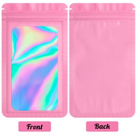 Durimoiy Pack of 100 Resealable Bags Holographic Bags, Mini Business Packaging Bags, Mylar Storage Bags, Small Zip Closure Bag for Ring (Pink, 7 x 10 cm)