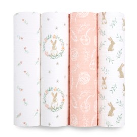 aden + anais blushing bunnies Swaddle Blanket - Pack of 4| Large 100% Muslin Cotton Snug Wrap Set for Baby Girls | bunny, pink, flowers print designs Newborn & Infant Sleep Essentials, 112 x 112 cm