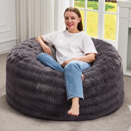 Hobestluk Bean Bag Chairs Beanbag Chair with Filler Adult Bean Bags with Fluffy Ripple Cover, Giant Bean Bag Chairs for Aduts (Dark Grey, 3FT - 36" x 36" x 22")