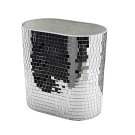 WDHODEC Silver Mirror Mosaic Trash Can (9.8" Tall) | Narrow Oval Decorative Waste Basket for Bathroom Vanity & Toilet Side | Handcrafted Shimmering Accent Dual-Use Flower Vase