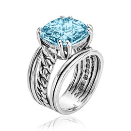JEAN RACHEL JEWELRY 925 Sterling Silver Ring - Curb Chain Vintage Design with Cushion Shaped Cubic Zirconia -Hypoallergenic, Lead& Nickel Free -Artisan Handcrafted Statement Rings for Women,Aquamarine
