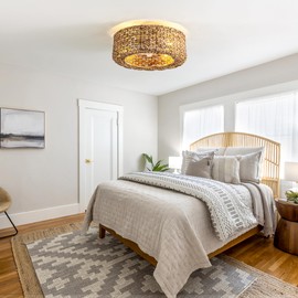 Jughtbo 0139-4H Handwoven Rattan Boho Ceiling Fans with Lights Remote Control Flush Mount Fandelier Low Profile Caged for Bedroom,4-Light,20"